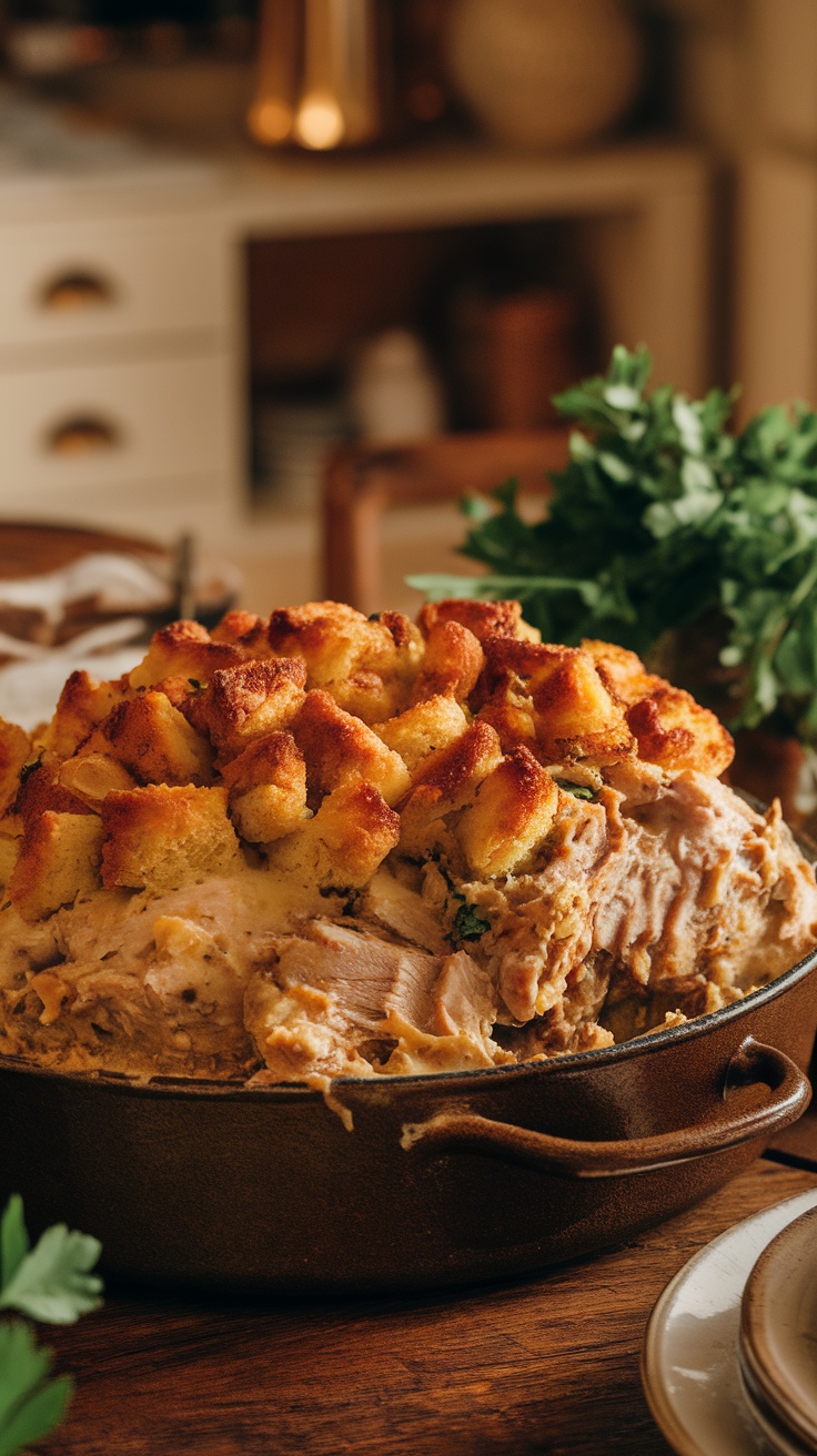 Delicious Creamy Turkey Casserole Recipe A hearty turkey casserole filled with turkey, vegetables, and stuffing, garnished with parsley, served in a rustic dish.