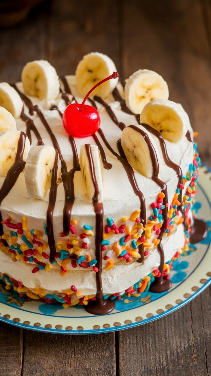 A decadent slice of banana split cake garnished with bananas, a cherry, and chocolate syrup on a rustic plate.