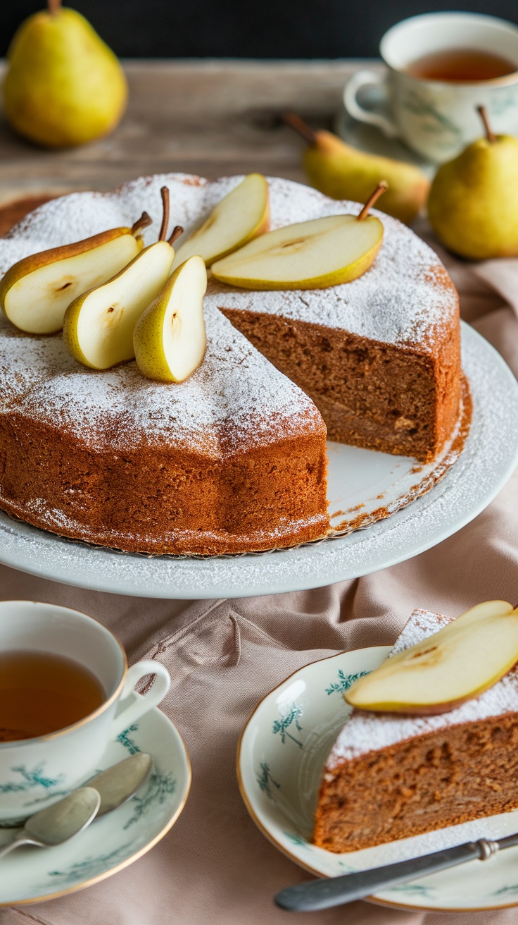 Delicious Pear Gingerbread Cake A slice of Pear Gingerbread Cake on a plate, garnished with pear slices, accompanied by a cup of tea.
