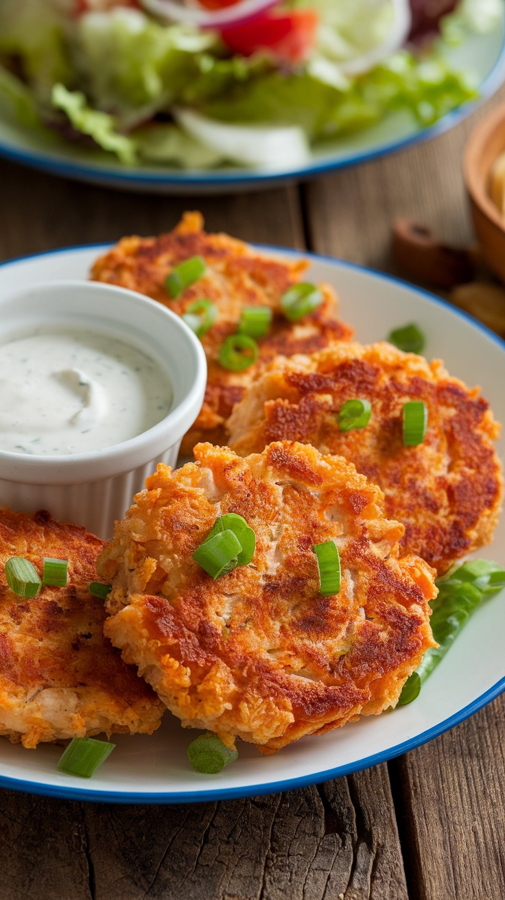 Crispy Cheesy Ranch Chicken Patties Recipe Crispy chicken patties served with ranch dressing and a fresh salad on a wooden table.