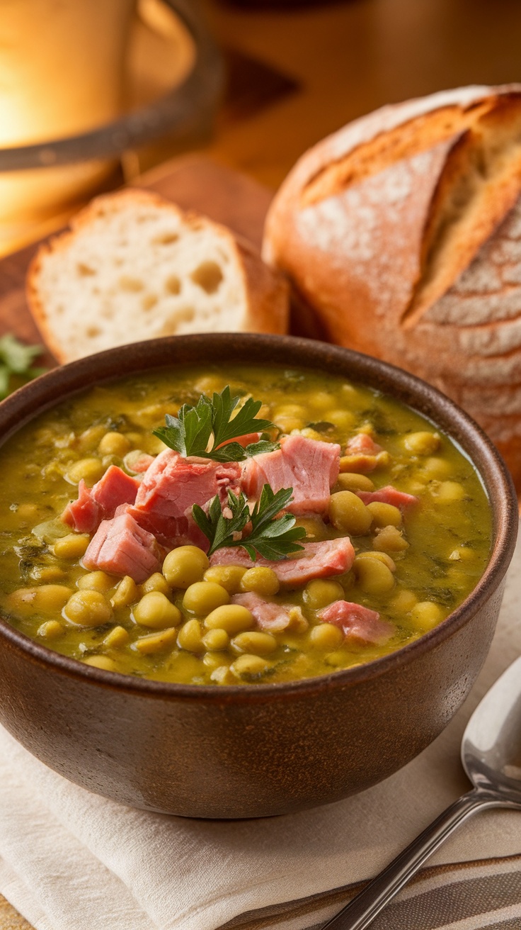Savory Ham and Split Pea Soup Recipe A hearty bowl filled with green split pea soup and ham chunks, garnished with parsley, on a rustic table with bread.