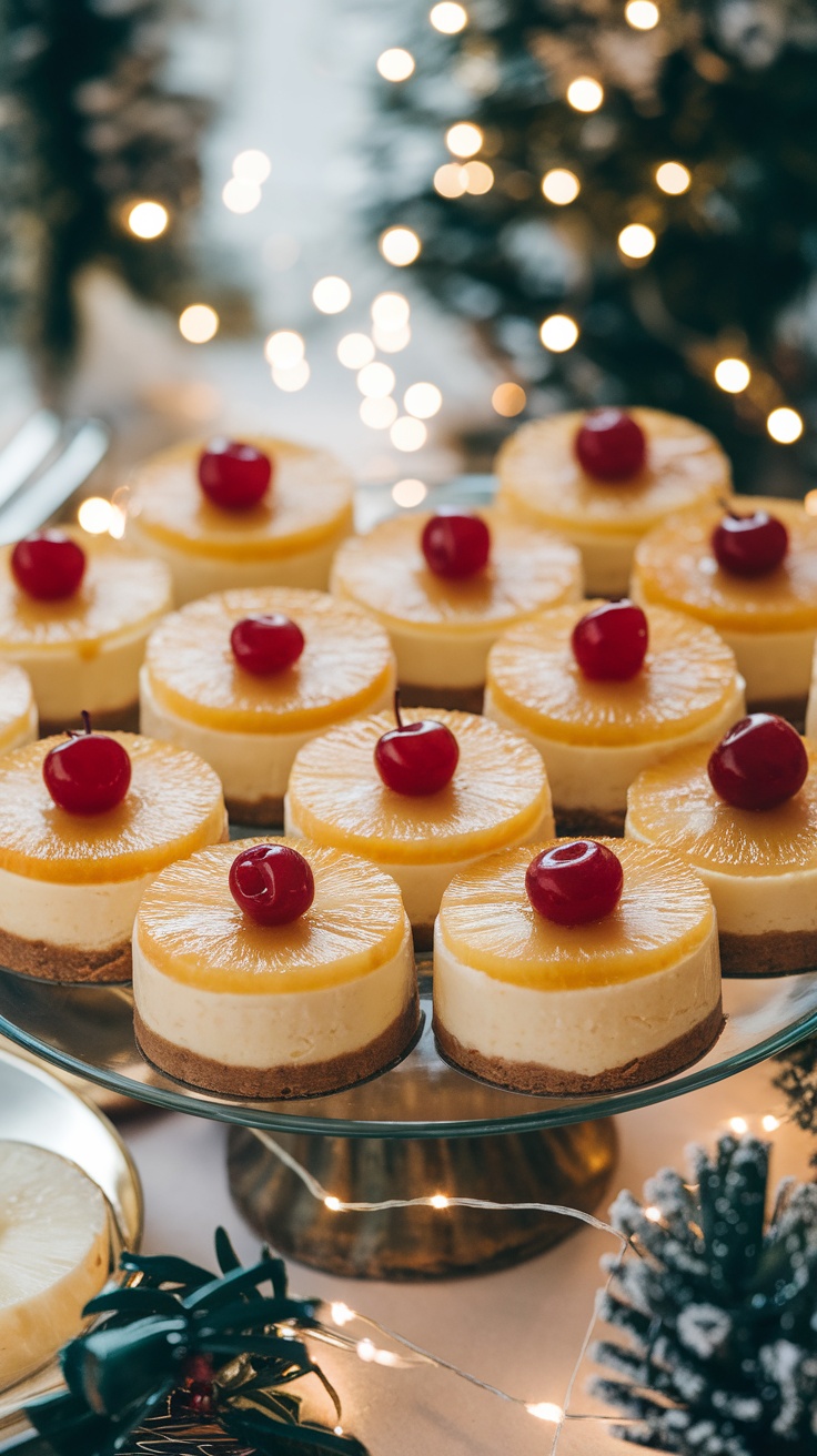 Mini Pineapple Upside-Down Cheesecakes with pineapple slice and cherry on top, displayed on a decorative platter.