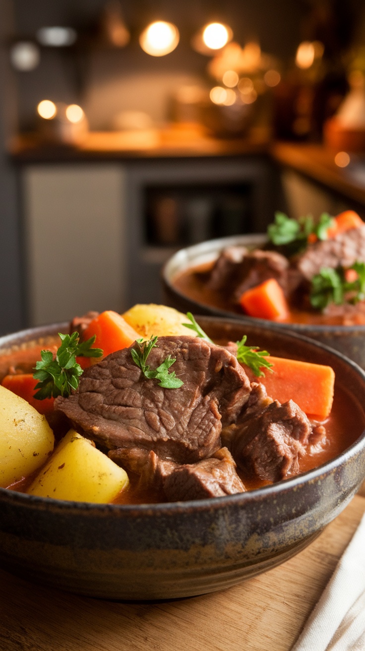 Hearty Slow Cooker Beef Stew with Golden Potatoes A hearty slow cooker beef stew with beef, golden potatoes, and carrots, garnished with parsley in a rustic bowl.