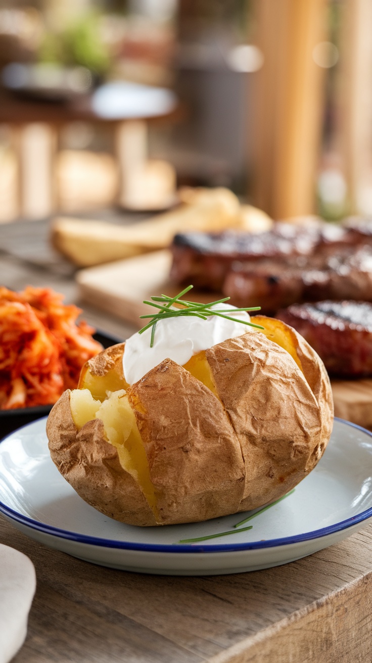 Delicious Grilled Baked Potatoes with a Twist Grilled baked potato with sour cream and chives, served with Easy Kimchi on a wooden table.