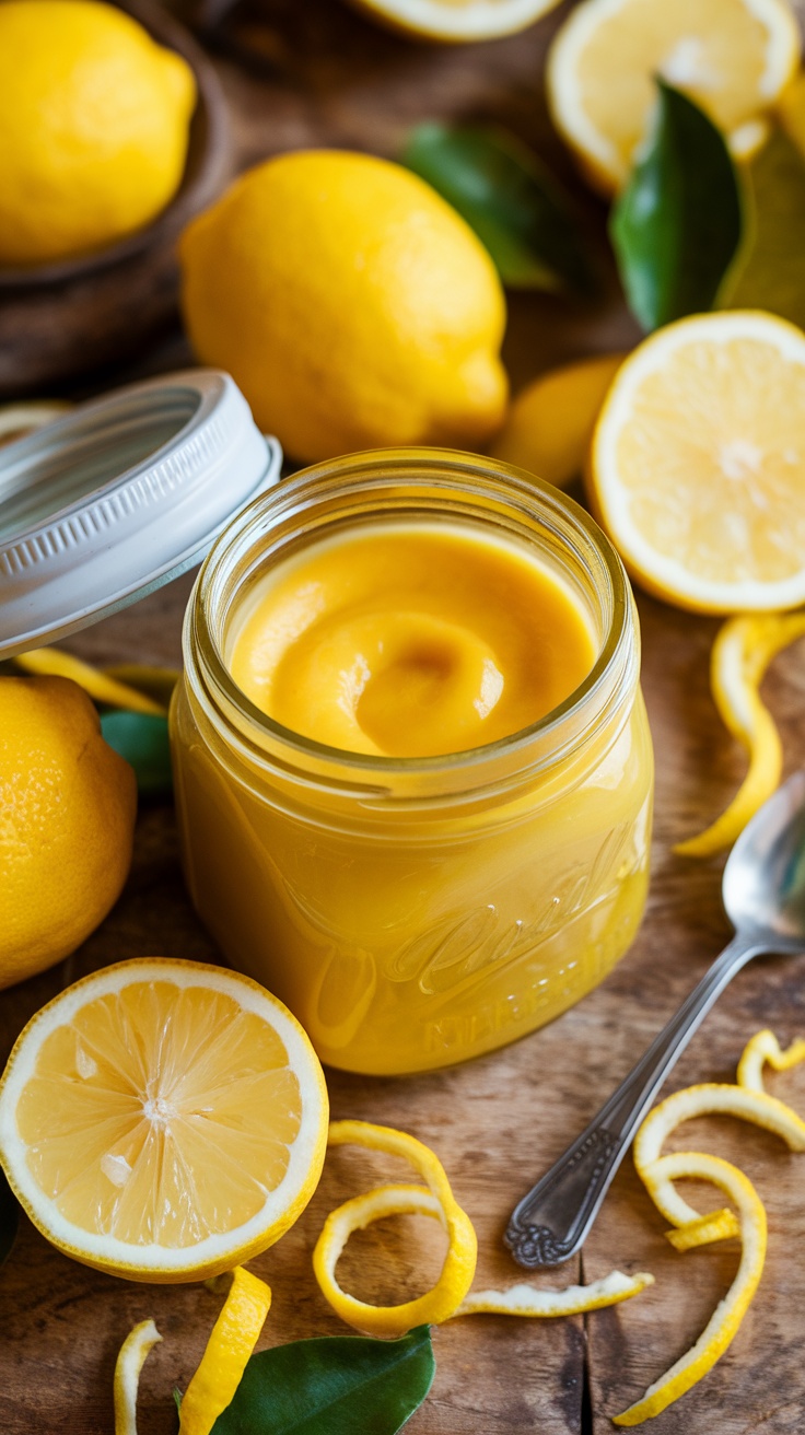 Easy and Delicious Homemade Lemon Curd Recipe Homemade lemon curd in a jar with fresh lemons and zest on a wooden table.
