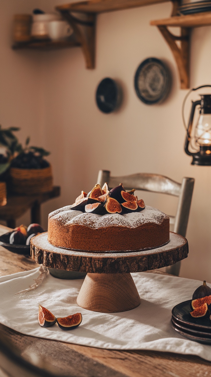 Moist Fig and Almond Spice Cake Recipe Moist fig and almond spice cake on a wooden stand, garnished with dried figs and powdered sugar.
