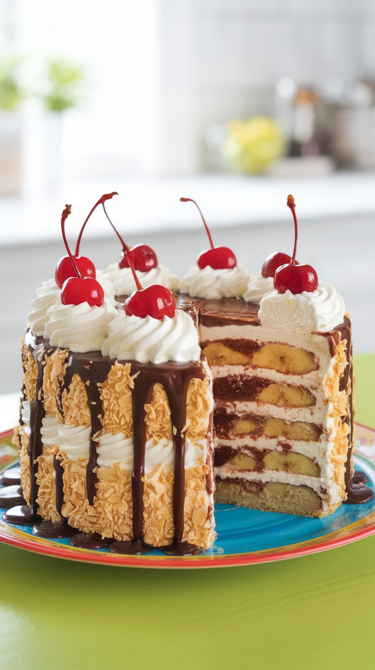 A layered banana split cake with whipped cream, chocolate syrup, and cherries on top.