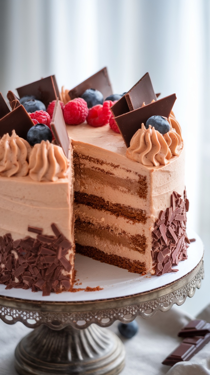 Decadent French Layer Cake with Nutella Buttercream A French layer cake with Nutella buttercream, garnished with chocolate shavings and berries, on a decorative cake stand.
