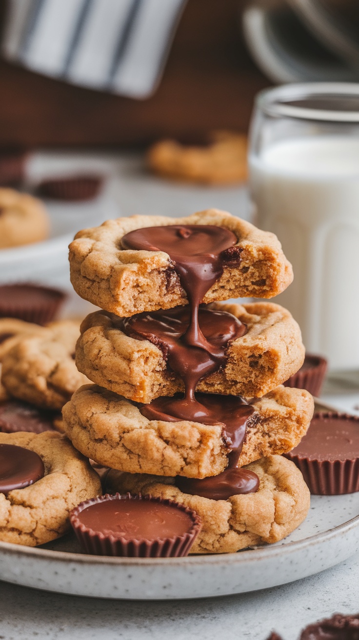 Delicious Peanut Butter Cup Cookies Recipe Stack of peanut butter cup cookies with melting chocolate on a plate.