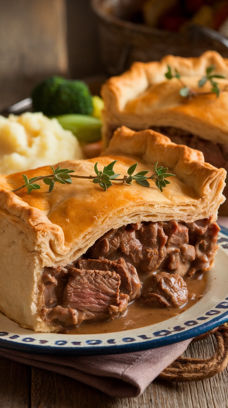 Hearty Steak and Ale Pie Recipe A slice of Steak and Ale Pie with beef and ale filling, golden crust, served with mashed potatoes and vegetables.