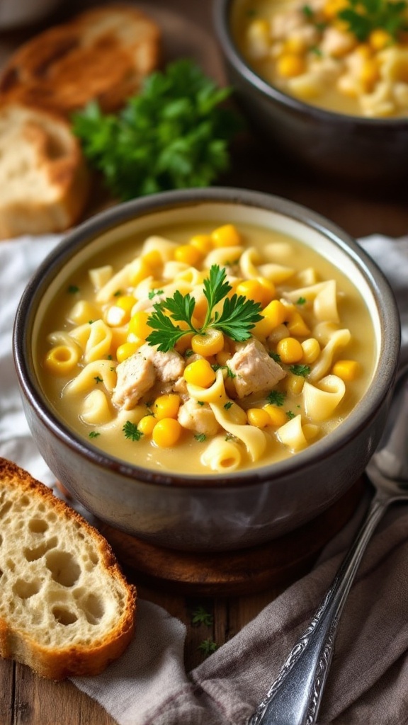 Hearty Pennsylvania Dutch Chicken Corn Soup A hearty bowl of chicken corn soup with chicken, corn, and noodles garnished with parsley on a rustic table with bread.