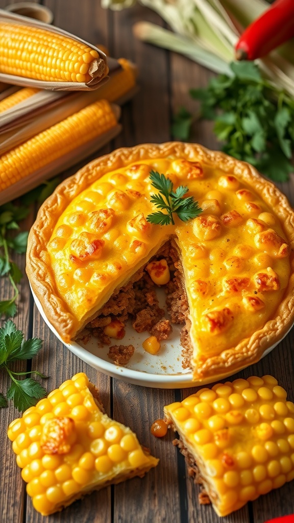 Chilean Corn Pie (Pastel De Choclo) A golden-brown Chilean Corn Pie with a slice removed, showcasing the meat filling, decorated with fresh herbs.