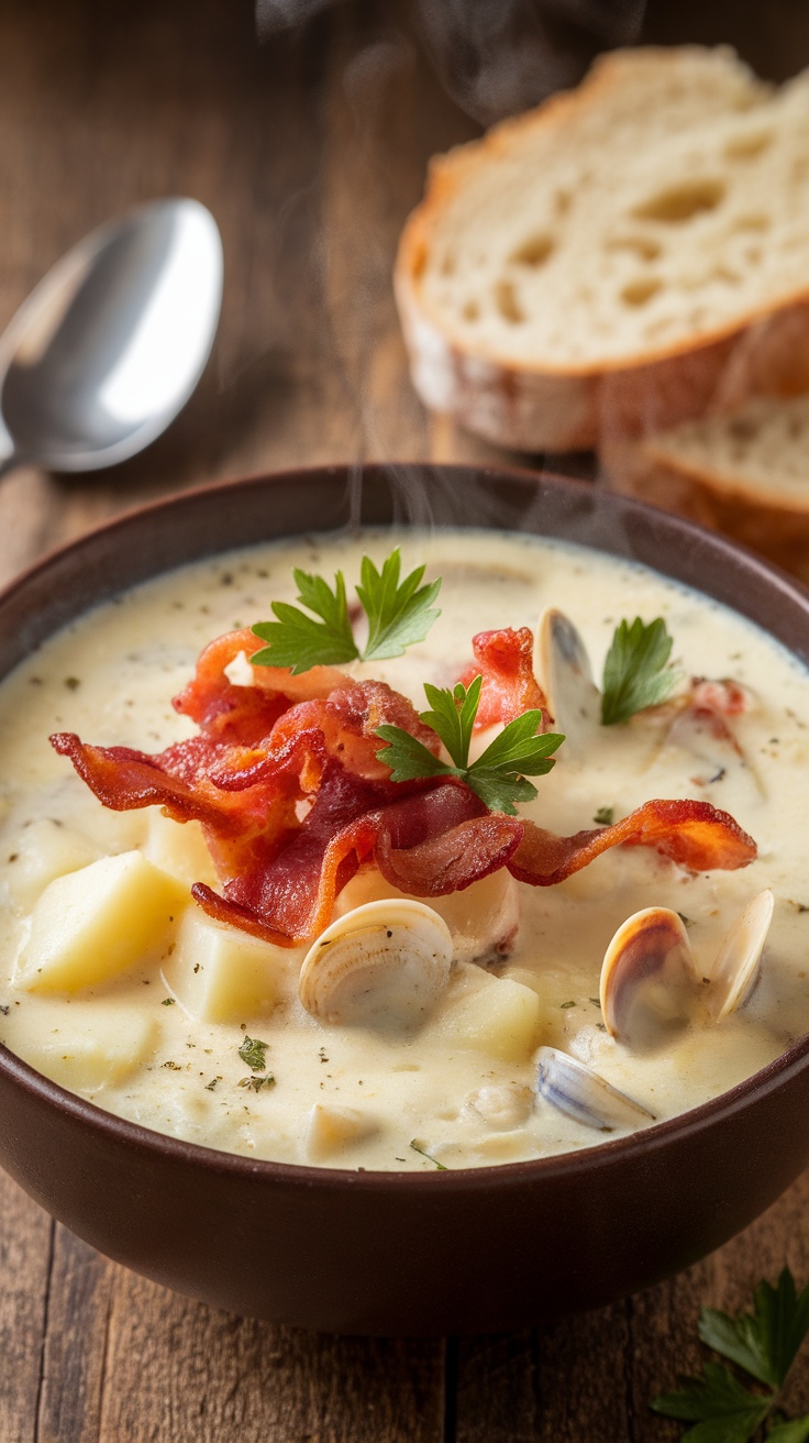 The Ultimate Seafood Clam Chowder Recipe A bowl of clam chowder with bacon and parsley, set on a wooden table with bread.