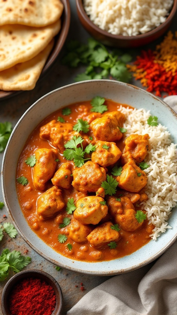 Authentic Chicken Tikka Masala Recipe Plate of Chicken Tikka Masala with naan and rice, garnished with cilantro, on a rustic wooden table.