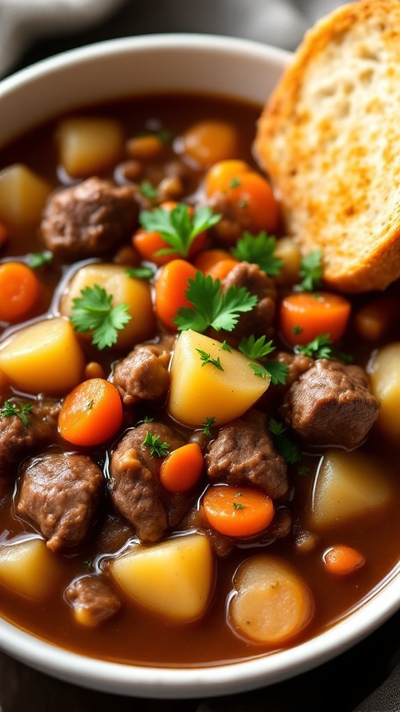Hearty Irish Guinness Beef Stew Recipe Hearty Irish Guinness Beef Stew with beef, carrots, and potatoes, garnished with parsley, served with bread.