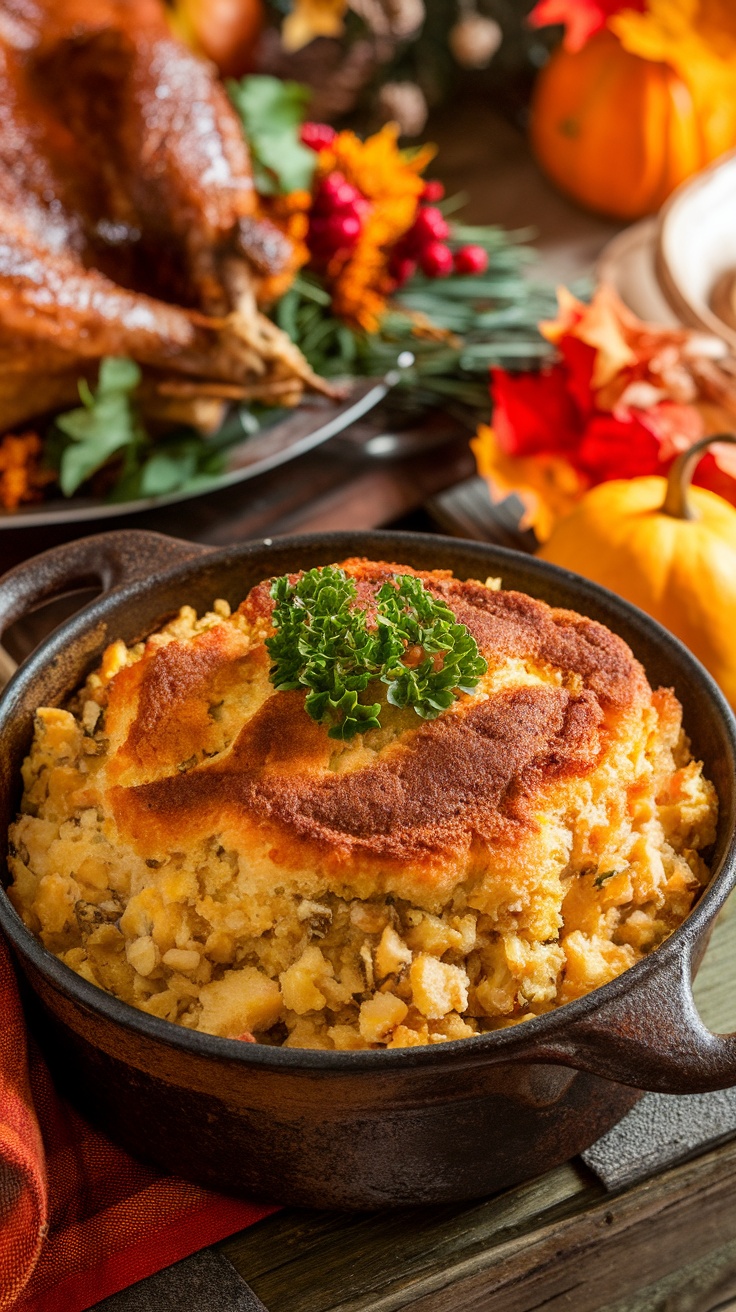 Old Fashioned Southern Cornbread Dressing Recipe A golden brown cornbread dressing dish garnished with parsley, served on a Thanksgiving table next to a turkey.