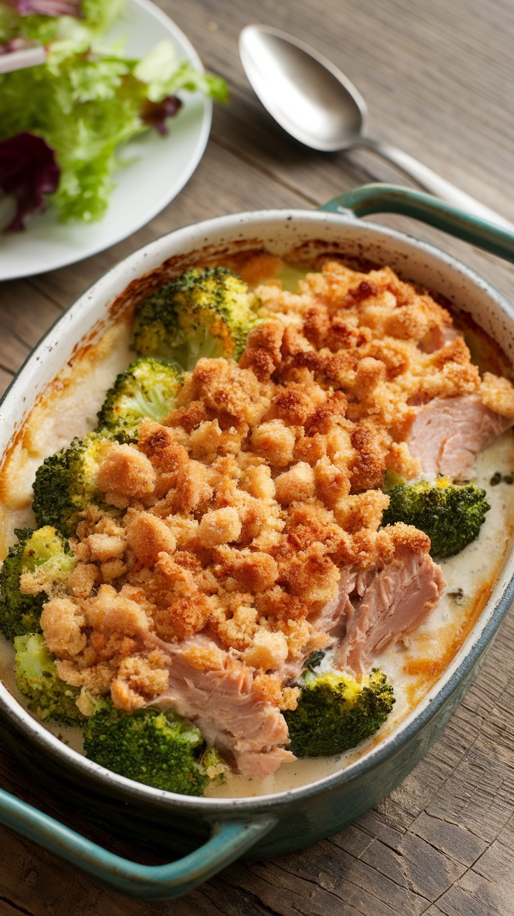 Healthy High Protein Tuna Casserole Recipe A delicious baked Tuna Casserole with broccoli and cheese, garnished with breadcrumbs, served on a wooden table with a fresh salad.