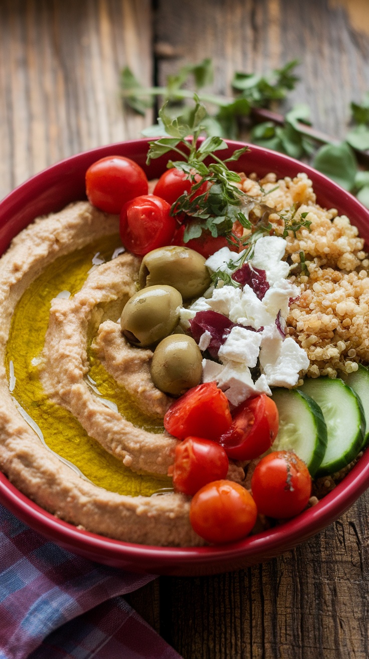 Easy Mediterranean Hummus Bowl Recipe A vibrant Mediterranean Hummus Bowl with hummus, vegetables, quinoa, and feta, garnished with herbs on a rustic table.