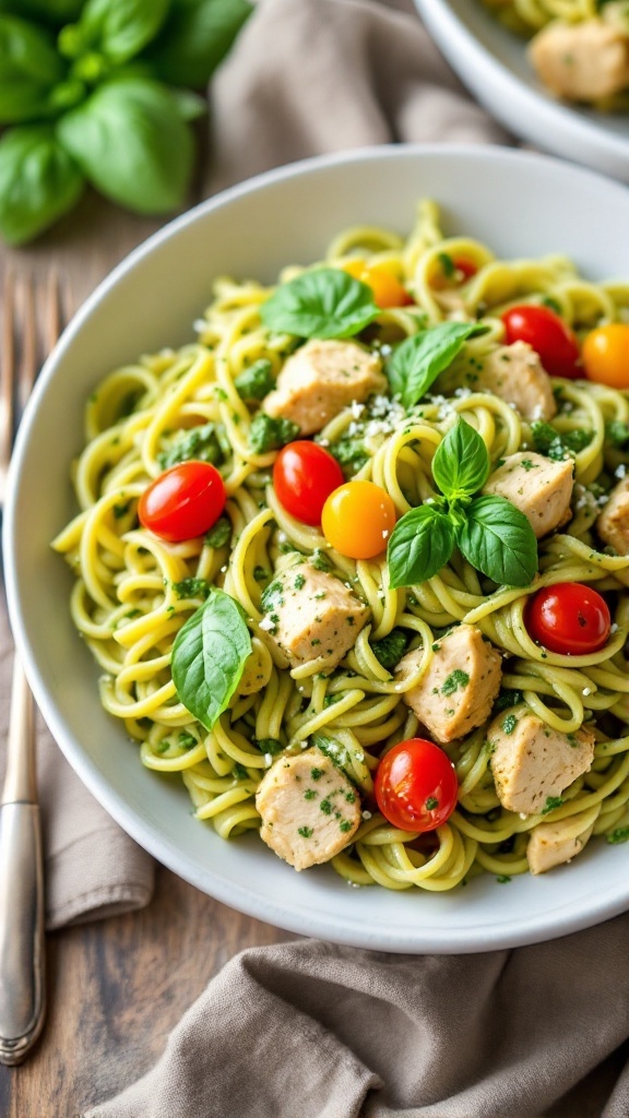 Creamy Pesto Chicken Pasta Recipe Creamy pesto chicken pasta with chicken, basil, and cherry tomatoes in a white bowl on a wooden table.