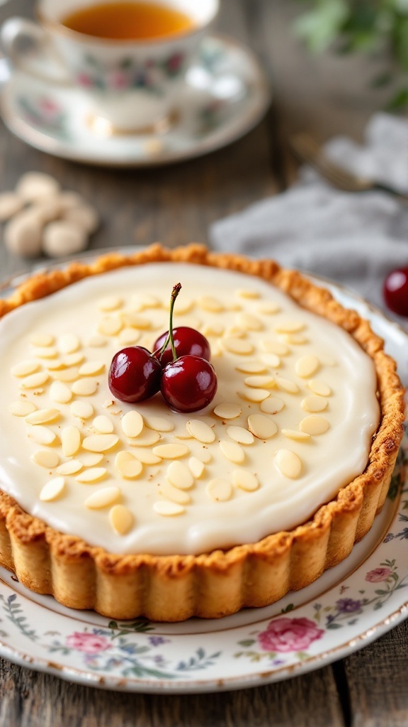 Classic Cherry Bakewell Tart Recipe Cherry Bakewell Tart with icing and almonds on a plate, accompanied by a teacup on a rustic table.