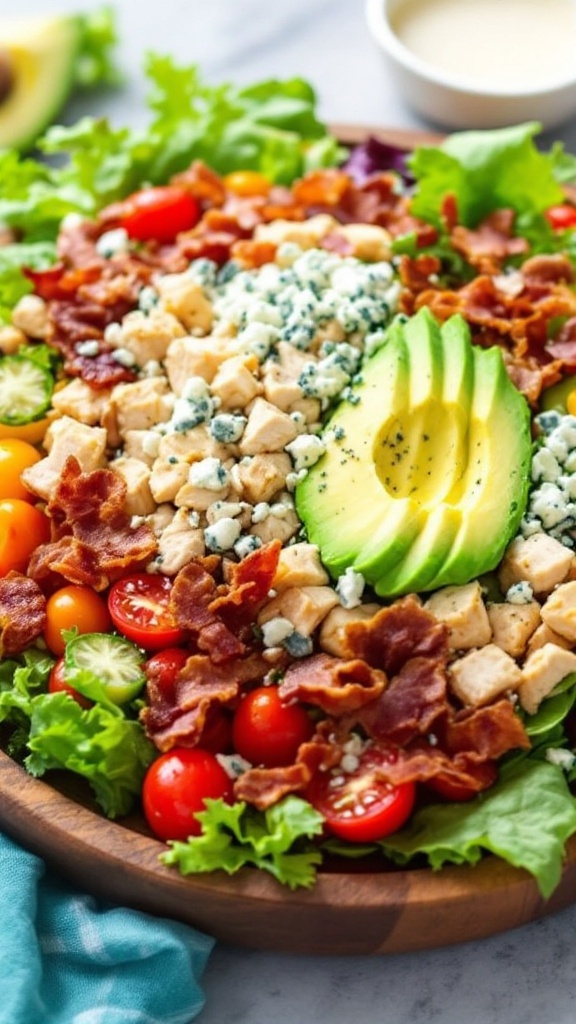 Delicious Classic Cobb Salad Recipe A colorful Classic Cobb Salad with chicken, bacon, avocado, and blue cheese served with dressing.