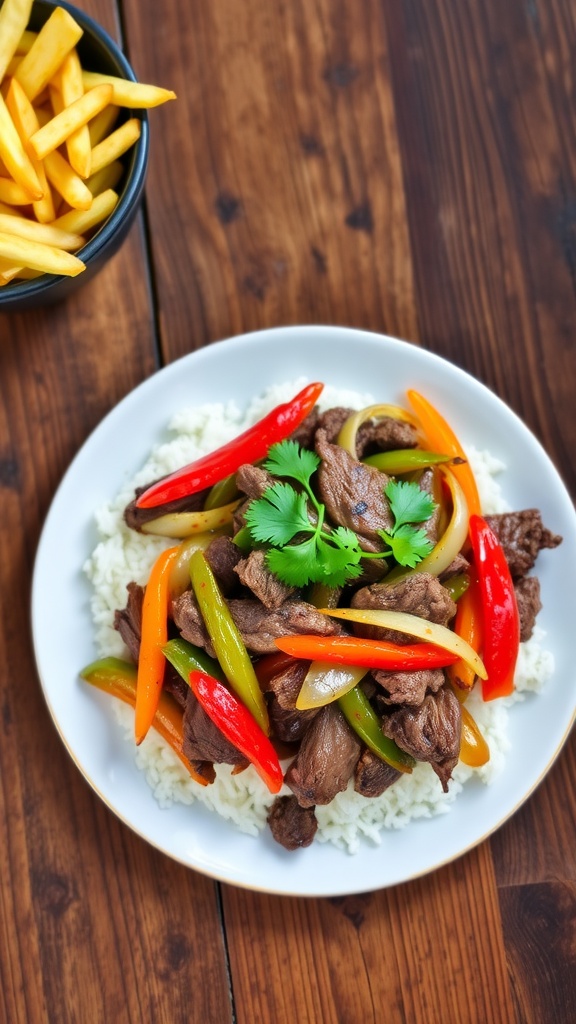 Classic Peruvian Lomo Saltado Recipe A delicious serving of Lomo Saltado with beef, tomatoes, and rice, garnished with cilantro and served with French fries.