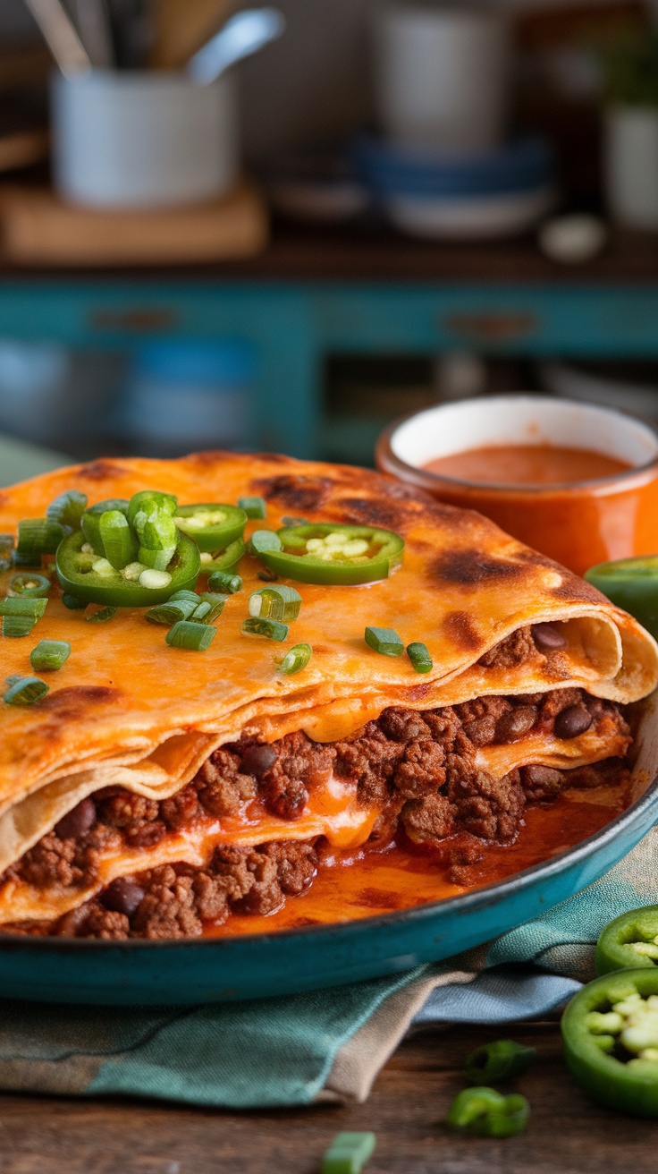 Savory Spicy Beef and Bean Enchilada Pie A delicious Spicy Beef and Bean Enchilada Pie, layered with cheese and beans, garnished with green onions and jalapeños.