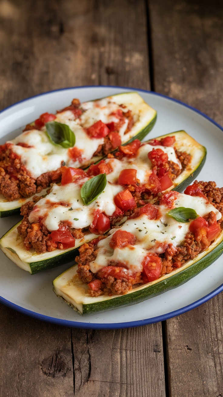 Delectable Italian Stuffed Zucchini Boats Recipe Italian Stuffed Zucchini Boats filled with meat and cheese on a wooden table, garnished with basil.