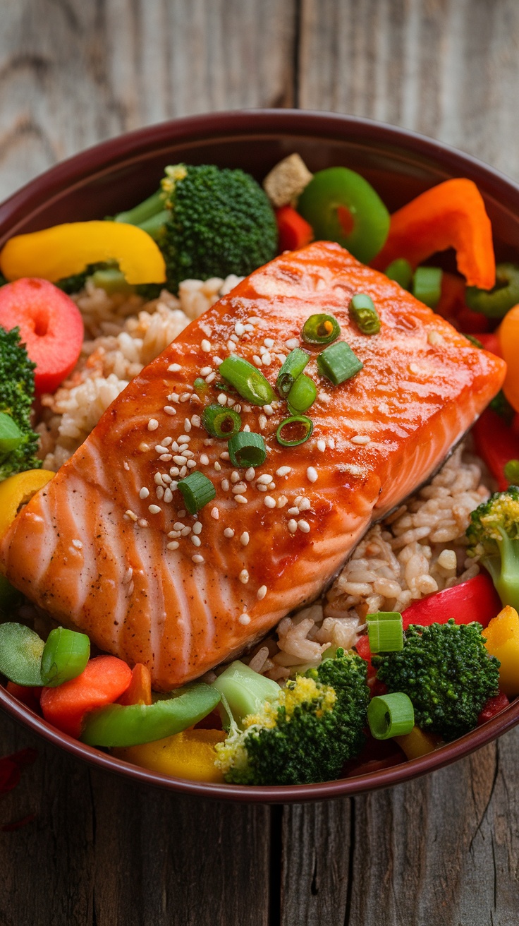Delicious Teriyaki Salmon Bowl Recipe A delicious Teriyaki Salmon Bowl with salmon, brown rice, broccoli, bell peppers, and carrots, garnished with sesame seeds and green onions.