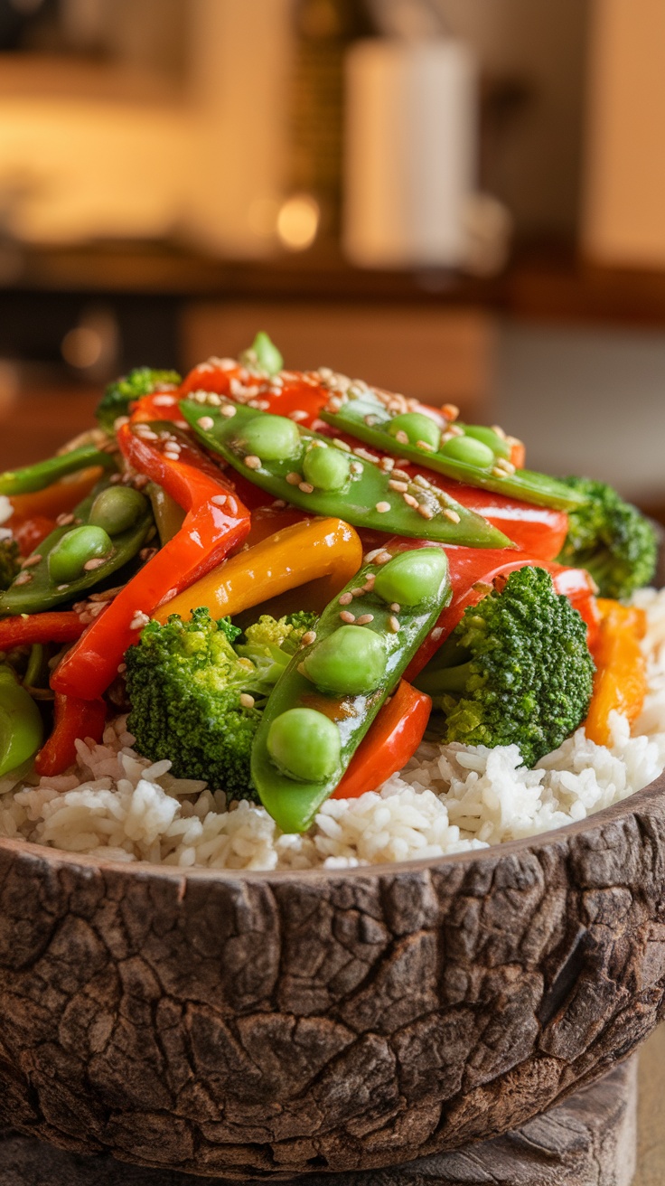 Healthy Vegetable Stir Fry Recipe with Broccoli A colorful vegetable stir fry with broccoli, snap peas, and bell peppers on a wooden bowl with rice.