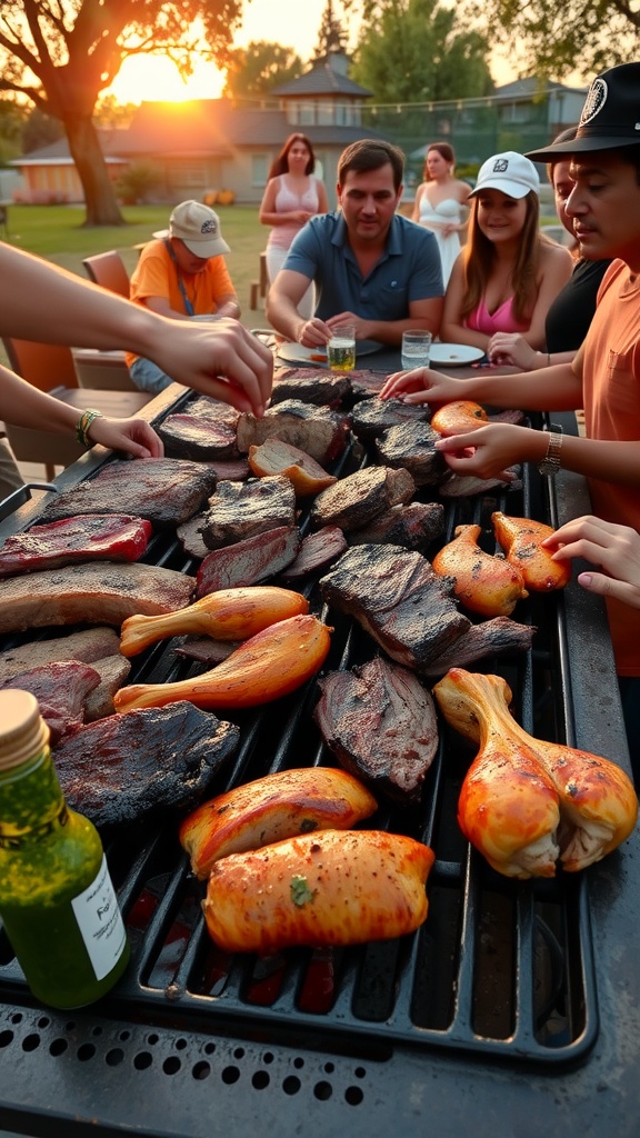 Traditional Argentine Asado Recipe An outdoor Argentine Asado with grilling meats, friends gathered around, and chimichurri sauce.