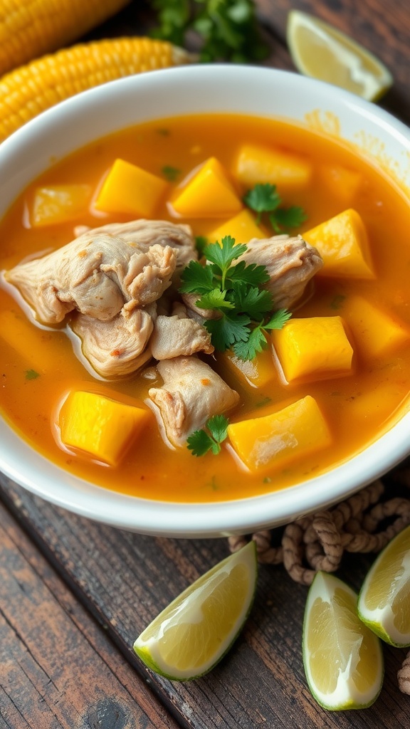 Traditional Colombian Sancocho De Gallina Recipe A hearty bowl of Sancocho De Gallina with chicken, plantains, yuca, and corn, garnished with cilantro and lime, on a rustic table.