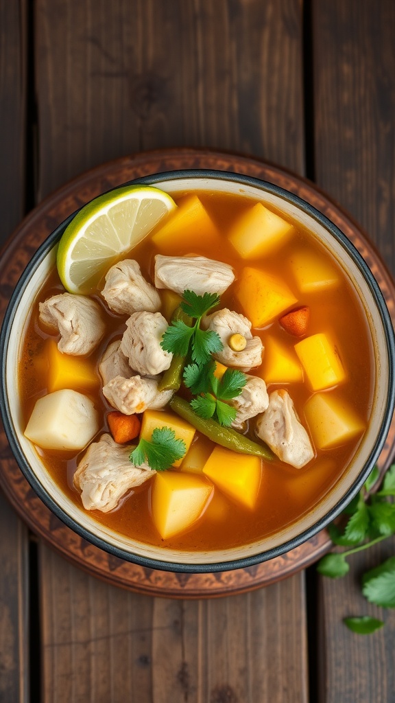 Traditional Colombian Sancocho Recipe A hearty bowl of Colombian Sancocho with chicken, potatoes, corn, and plantains, garnished with cilantro and lime.