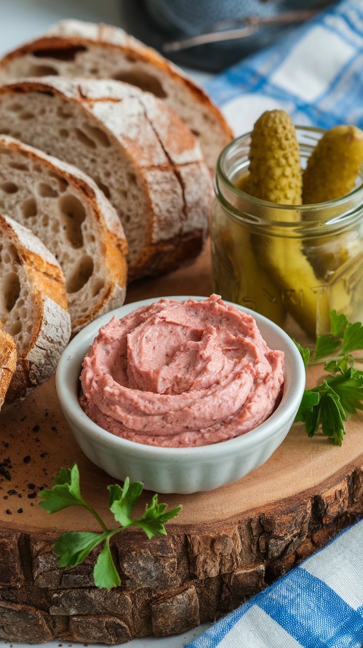 Traditional Gorton: French-Canadian Pork Spread Recipe A bowl of creamy Gorton pork spread next to slices of hearty bread on a rustic table.