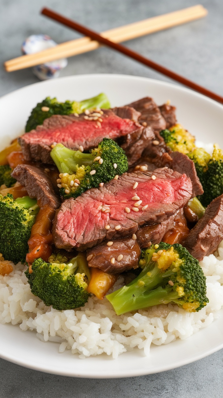 The Best Beef and Broccoli Stir-Fry Recipe A delicious plate of beef and broccoli stir-fry with steak and broccoli on rice, garnished with sesame seeds.