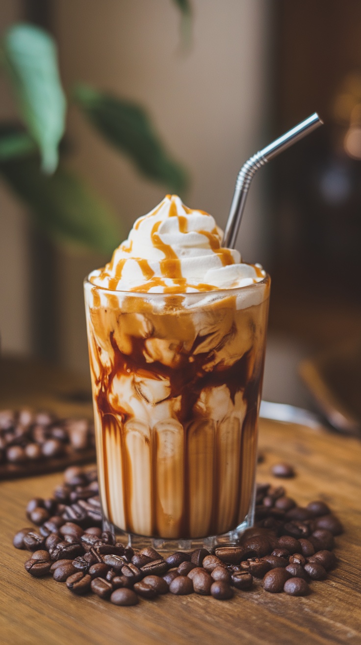 Delicious Homemade Iced Coffee Recipe A refreshing glass of iced coffee with whipped cream and caramel syrup, surrounded by coffee beans.