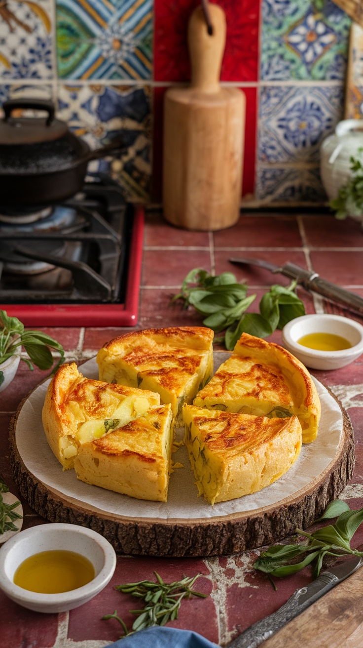 Classic Spanish Tortilla Recipe (Tortilla de Patatas) Traditional Spanish tortilla sliced into wedges, showcasing potatoes and onions, served on a wooden board.