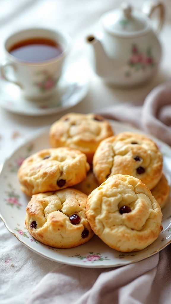 Deliciously Flaky Eccles Cakes Recipe Golden Eccles cakes with currant filling on a plate with a cup of tea.