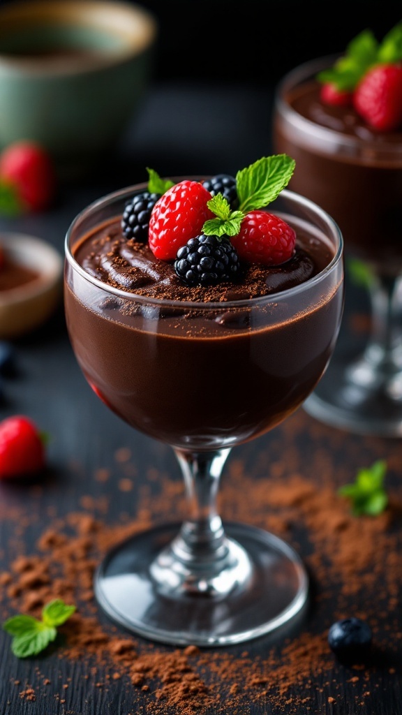 Decadent Chocolate Black Pudding Dessert Recipe A decadent chocolate pudding dessert made with black pudding, garnished with berries and mint leaves.