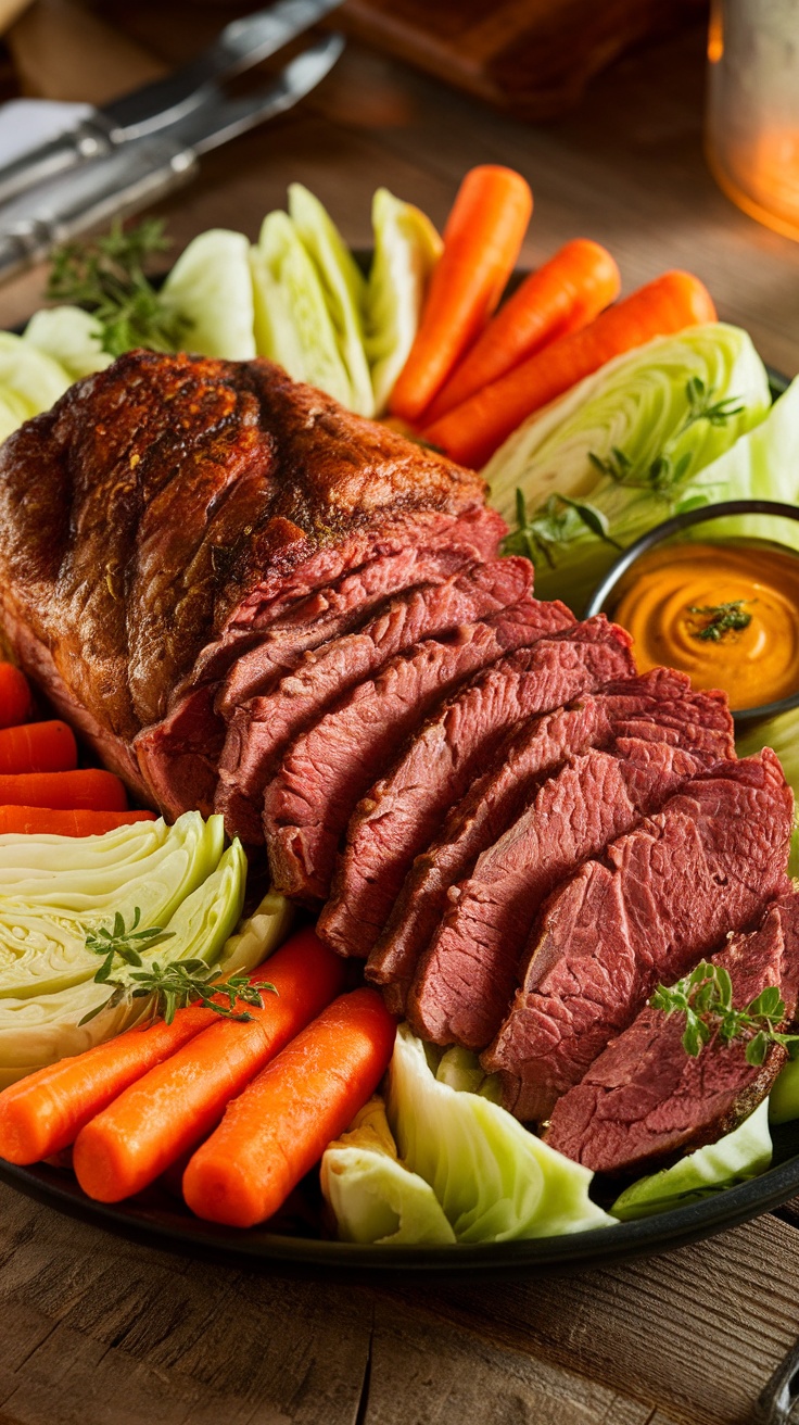 Easy Oven Roasted Corned Beef and Cabbage Recipe Oven Roasted Corned Beef with cabbage and carrots on a rustic wooden table.
