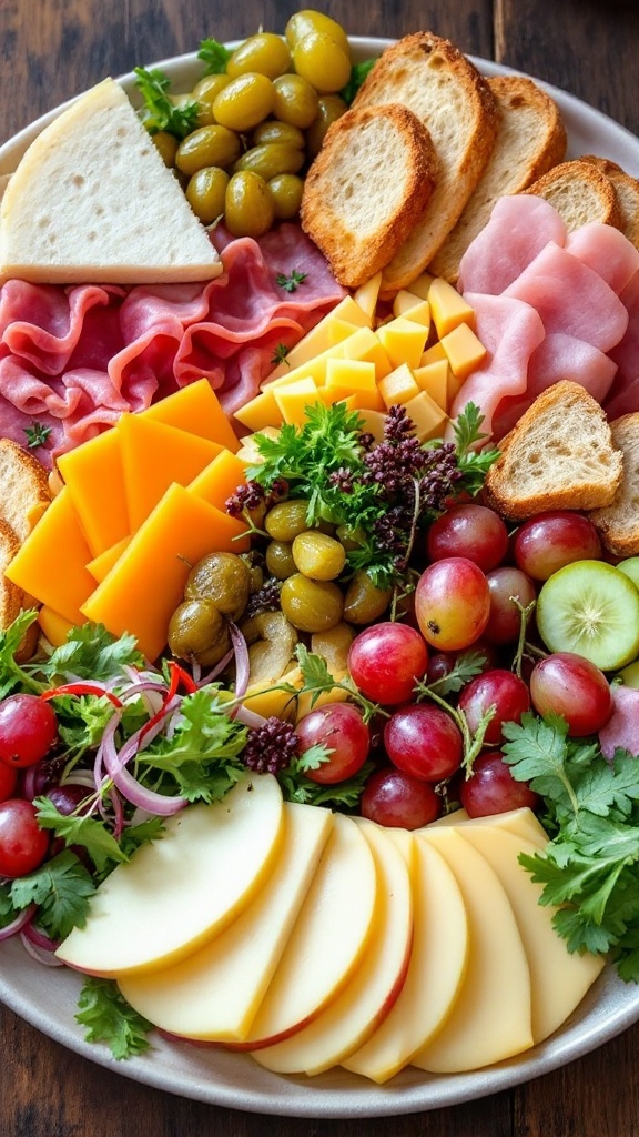 Traditional Ploughman’s Lunch Recipe Traditional Ploughman’s Lunch with cheeses, luncheon meat, bread, pickles, and fresh fruit on a wooden platter.