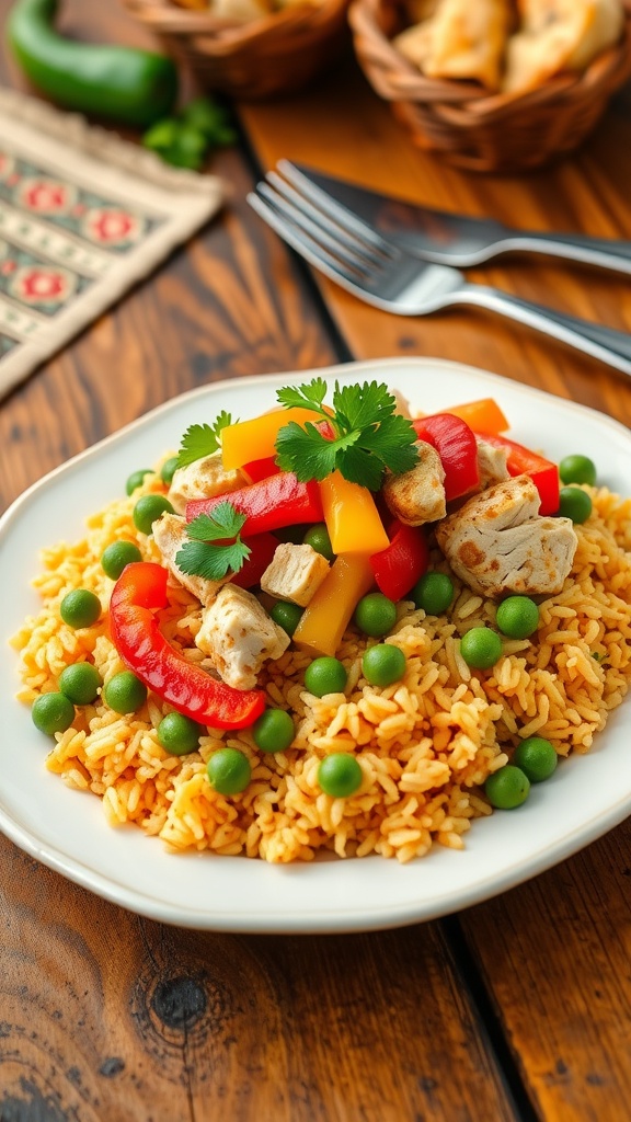 Traditional Arroz Con Pollo Recipe A colorful serving of Arroz Con Pollo with chicken, bell peppers, and peas, garnished with cilantro on a rustic table.