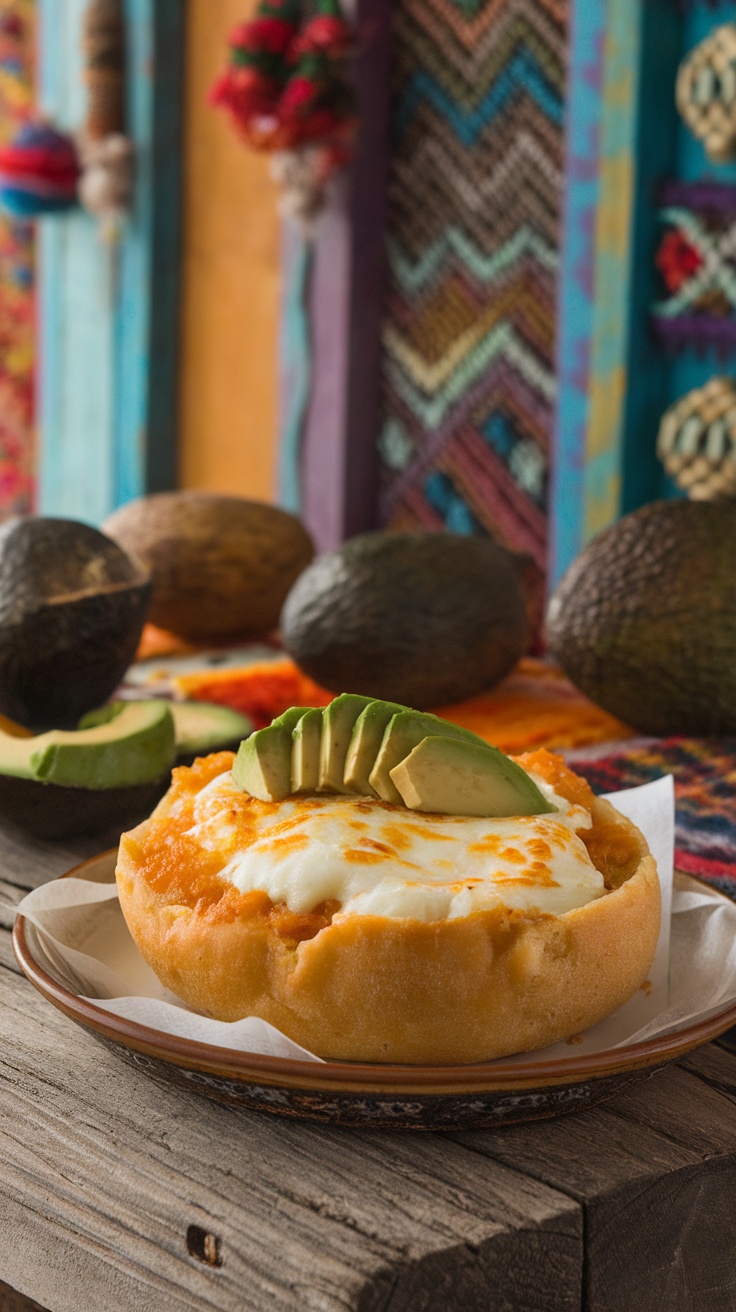 Traditional Venezuelan Cachapas Recipe Delicious Cachapa filled with cheese, garnished with avocado, served on a rustic table.