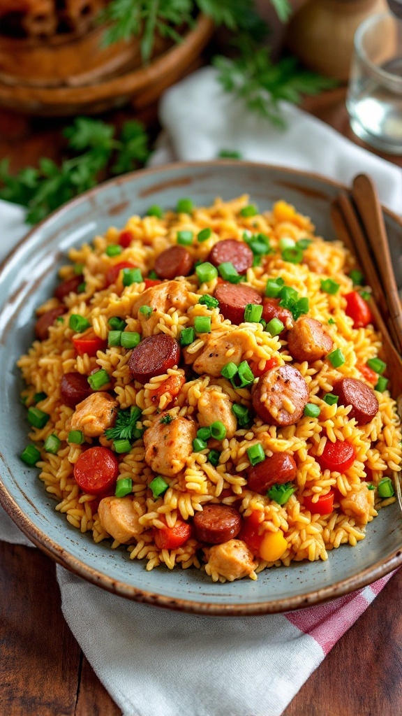 Spicy Cajun Chicken and Sausage Jambalaya Recipe A delicious plate of Cajun Jambalaya with chicken, sausage, rice, and vegetables, garnished with green onions, on a rustic table.