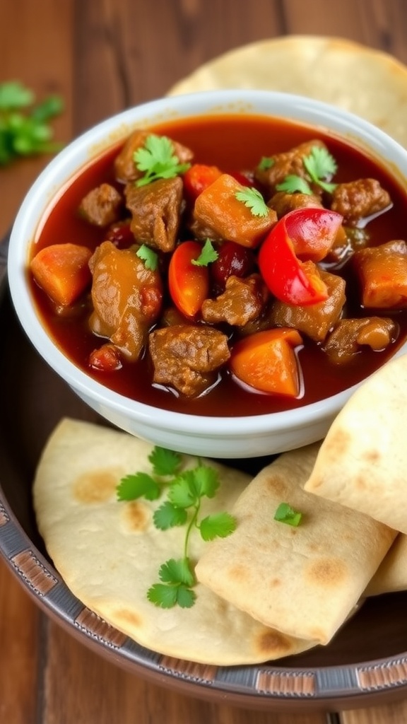 Traditional Carne Guisada De Res Recipe A cozy bowl of Carne Guisada with beef chunks in rich sauce, served with tortillas and garnished with cilantro.