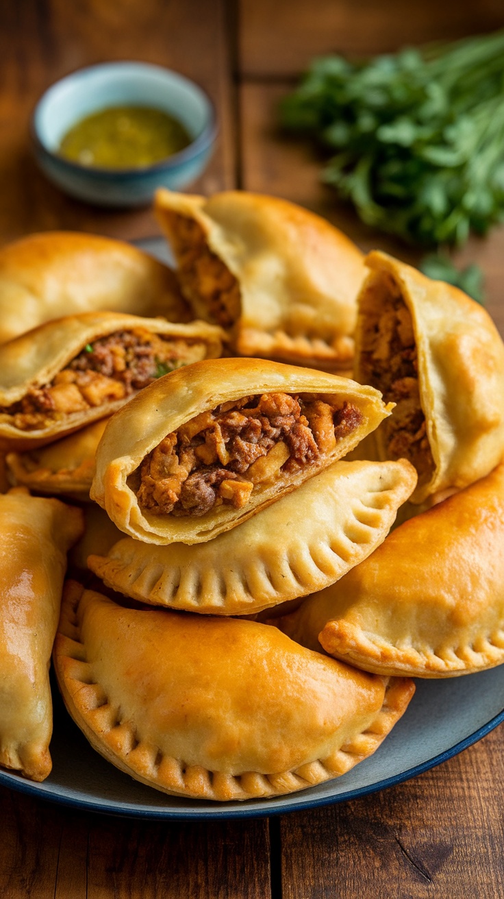 Savory Chicken and Beef Empanadas Recipe Golden empanadas filled with chicken and beef on a wooden table with salsa verde.
