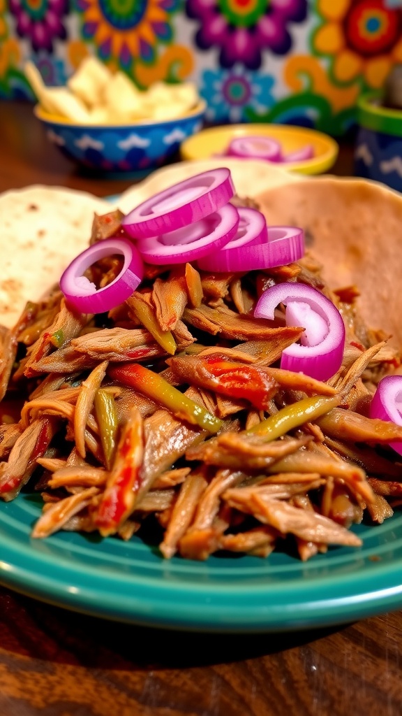 Traditional Cochinita Pibil Recipe A plate of Cochinita Pibil with pickled red onions and tortillas, showcasing succulent shredded pork.