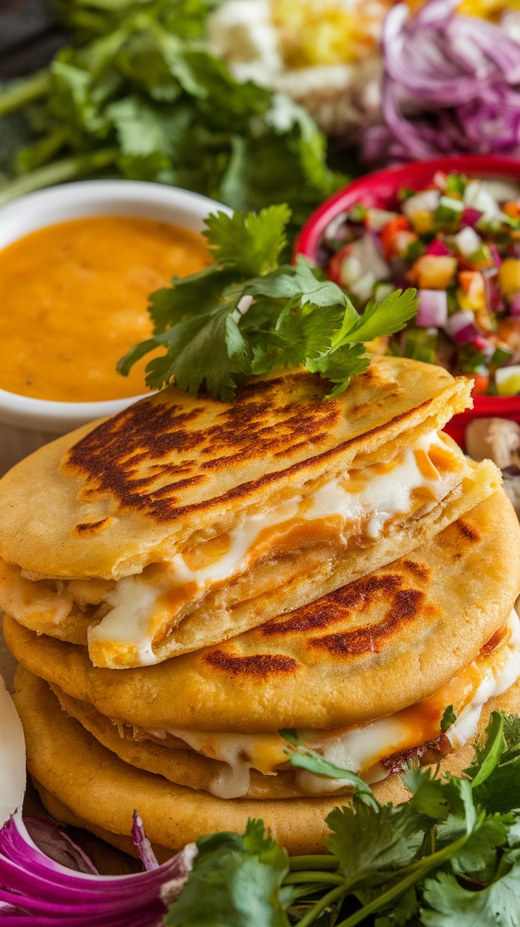 Homemade Pupusas with Curtido and Salsa Recipe Delicious pupusas served with curtido and salsa on a white plate, showcasing their golden-brown crust and cheesy filling.