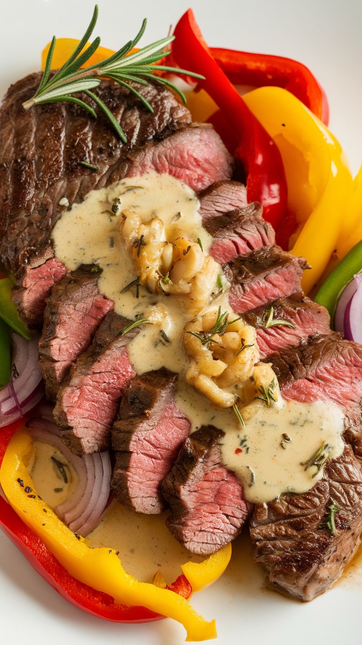 Sliced bavette steak with roasted garlic sauce and sautéed vegetables on a white plate.