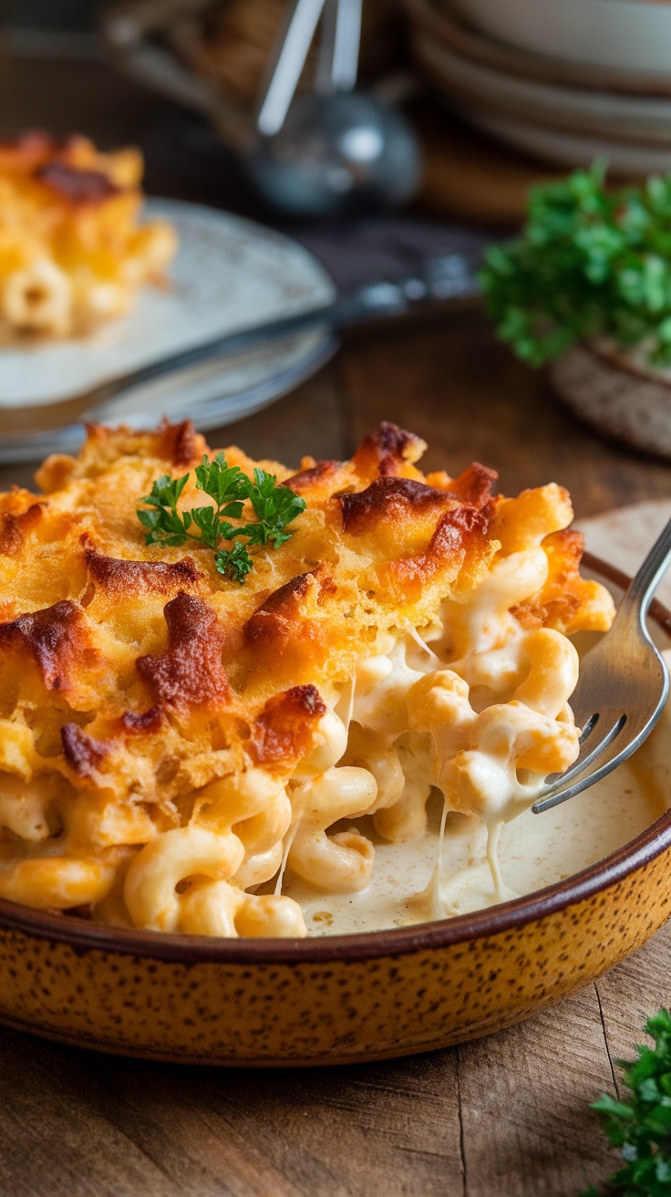 Ultimate Homemade Baked Mac and Cheese Recipe A delicious baked mac and cheese with a crispy topping, served in a rustic dish.